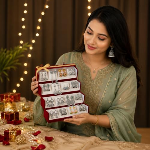 atorakushon 12 Pair Earrings Velvet Organizer Jewellery Box For Women and Girls Pack of 1 Maroon - style: Jhumka Earring Organiser Folder 12 Pair Cream