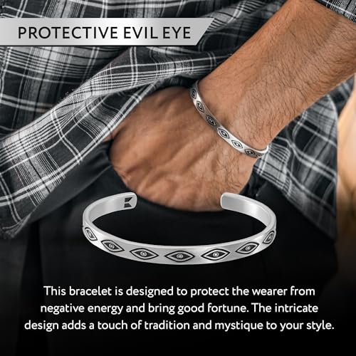 Cuff Bracelet for Men Premium Stainless Steel Mens Bangle Bracelets Silver Cuff Bracelet Waterproof & Non-Tarnish Minimal Western Bracelet - color: Evil Eye, size: Medium