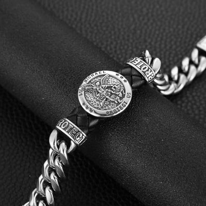 HZMAN 8.5Inch Cuban Link Bracelet for Men Silver Stainless Steel Heavy Biker Link Bracelet - color: Archangel