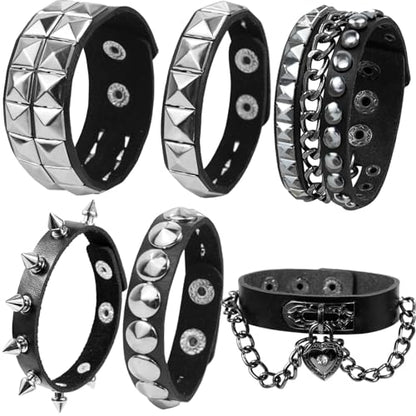 LAPOHI 6 PCS Leather Bracelets for Men Women Punk Goth Rock Spiked 80s Stuff Cool Metal Studded Accessories Black Cuff Wristband for Party Cosplay Night Club Sexy Gift Halloween