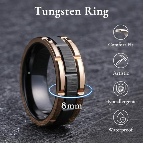 King Will Classic Mens 、Tungsten Carbide Rings Brick Pattern Groove Center | Silver/Black/Gold/Rose Gold, 8mm, Grooved, Comfort Fit, Brick pattern, Everyday Wear - color: A-Black & Rose Gold