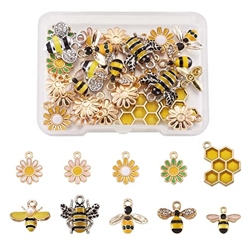 KISSITTY 28pcs/box Enamel Bee Charm Pendants Daisy Flower Dangle Charm for Earrings Necklace Bracelet Jewelry Making and Crafting
