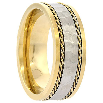 Sabrina Silver Stainless Steel 8mm Wedding Band Ring Double Rope Inlay Hammered Center Two-Tone Gold Sizes 8-14