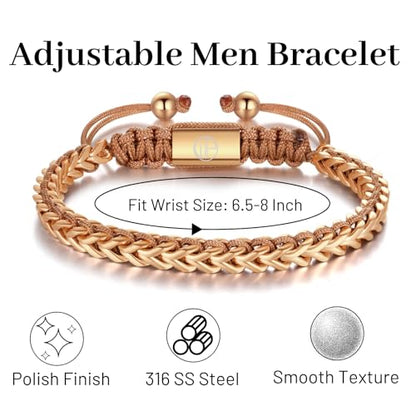 18K Gold-Plated Bracelets for Men Franco Link Chain Adjustable | Stainless Steel Bracelet, Gold Beads Bracelet, Handcrafted Braided, Mens Jewelry Birthday Gift for Men - color: Rose Gold