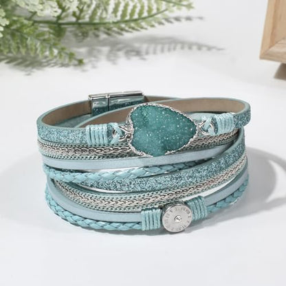 Artilady Leather Wrap Bracelet for Women, Pearl Beaded Bangle Stack Jewelry | Easy on-off, Elegant Handmade Multi-Layered, Daily Casual Date Beach Vacation, Gift for Ladies, Mother, Sister & Friend - style: Blue