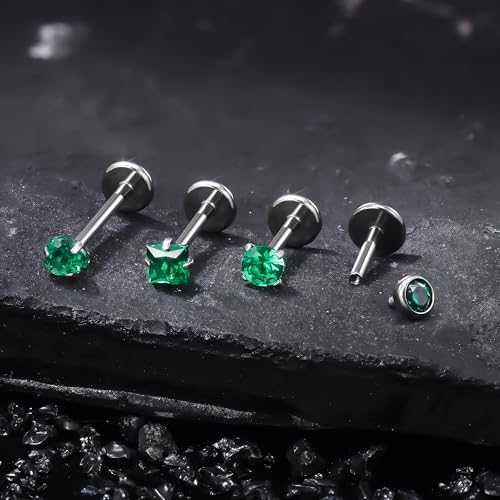 Titanium Flat Back Lip Rings Internally Threaded Earrings Studs Nose Rings 20G 18G 16G Round Heart Square CZ Tragus Cartilage Lobe Rook Helix Conch Labret Medusa Piercing Jewelry for Women Men - color: Green CZ, size: 20G-6/8/10mm