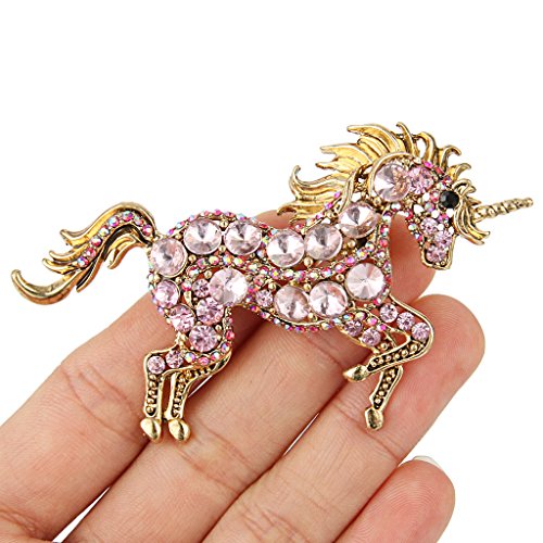EVER FAITH Women's Austrian Crystal Running Unicorn Brooch - color: Pink Gold-Tone