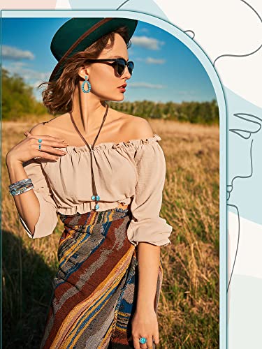 Ecally Bohemian Western Jewelry Turquoise Set Women Country Pendant Long Choker Layered Bracelets Earrings Ring for Women - color: Turquoise, style: Cowgirl