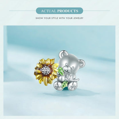 BISAER 925 Sterling Silver Charms for Bracelets Cat Dog Sloth Animal Beads Butterfly Fairy Heart Dangle Pendant Charms - color: Bear Flower