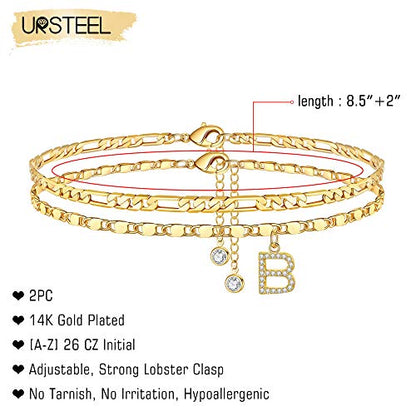 Ursteel Ankle Bracelets for Women, 14K-Gold-Plated Dainty Layered Chain CZ Initial Anklets Set Summer Jewelry Gifts for Women - style: B-Gold-Plated