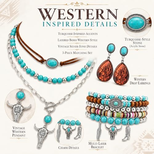 3Pcs Western Turquoise Jewelry Set Necklace Earrings Bracelet | Western Boho Style | Turquoise Beaded | Ox-Head Pendant | Layered Necklace | Faux Leather Cuff | Personalized Gift - color: Color-2