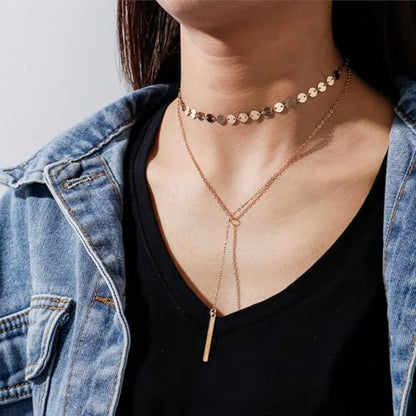 14K Gold Plated Y Necklace for Women – Dainty Lariat Long Pendant Chain, Layered Drop Necklace for V Neck Dress, Simple Sexy Cleavage Jewelry Gifts for Women - color: Gold - Double layered - Sugar cube