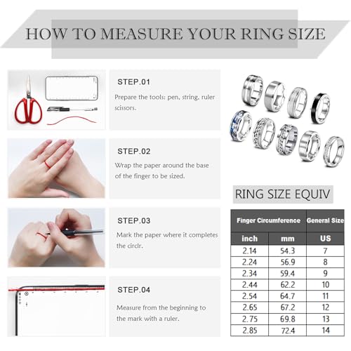 EIELO 9Pcs Stainless Steel Band Rings for Men Women Cool Fidget Spinning Chain Ring Anxiety Relief Fashion Simple Wedding Engagement Black Ring Set - color: Silvery