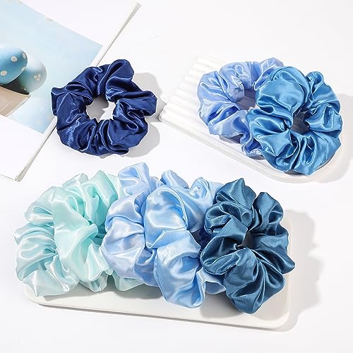 Satin Hair Scrunchies: Cute, Big Pony Tail Holders for Thick, Curly Hair - No Crease, No Damage Hair Ties for Girls and Women - color: Blue