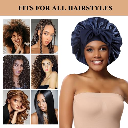 2+3 Large Satin Bonnets with Scrunchies for Women, Hair Bonnet Sleeping Tie Bonnet for Braids Curly Hair - color: G - Wine Red, Navy