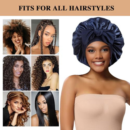 2+3 Large Satin Bonnets with Scrunchies for Women, Hair Bonnet Sleeping Tie Bonnet for Braids Curly Hair - color: G - Wine Red, Navy