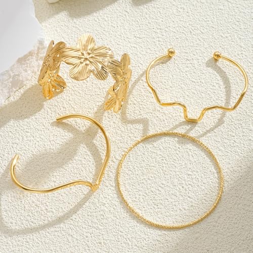 Gold Chunky Stackable Flower Bangle for Women,Trendy Boho Floral Open Cuff Bracelet Set,Fashion Spring Outfit Accessories Birthday Jewelry Gift