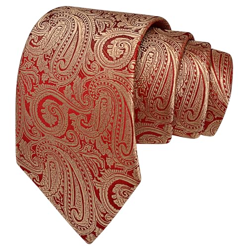 GUSLESON 3.15"（8cm） Mens Tie and Lapel Pin Paisley Necktie Hankerchief Cufflinks Set for Men - color: Gold Red