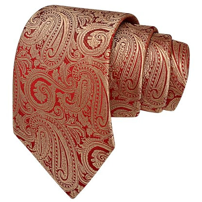 GUSLESON 3.15"（8cm） Mens Tie and Lapel Pin Paisley Necktie Hankerchief Cufflinks Set for Men - color: Gold Red