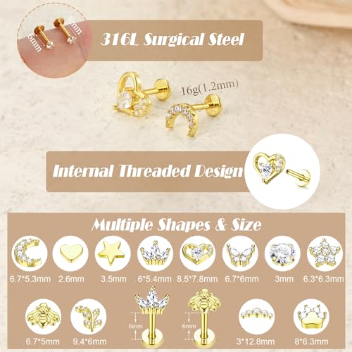 YADOCA 16G 18G Helix Flat Back Tragus Piercing Jewelry Earrings for Women | Hypoallergenic Surgical Steel Cartilage Earrings Daith Conch Medusa Nose Piercing Jewelry Gold Stud Earrings Set 6 7 8 10 MM - color: Gold, size: 18G(1.0MM)-6MM-New