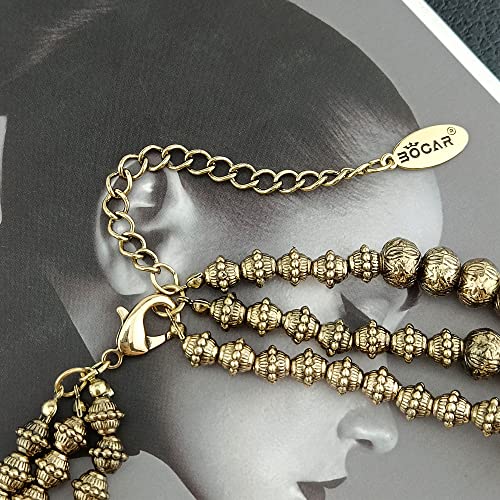 Bocar 3 Layer Chunky Statement Beaded Necklace and Earrings Set, Fashion Multi Layer Women Collar Necklace Jewelry Set - color: Olive