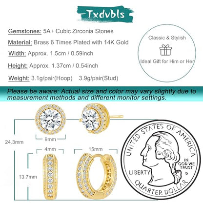 Earrings for Men 14K Gold Plated Hypoallergenic Mens Hoop Earrings | Cubic Zirconia Round/Square Stud with Huggie Hoop Earring Set,Mens Cartilage Studs for Sensitive Ear,Jewelry Gift for Him - color: Round Stud & Hoop - Gold
