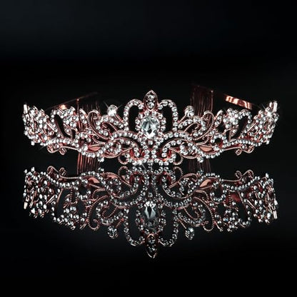 Crystal Tiara Crown Headband Princess Elegant Tiara with Combs for Women Young Ladies Bridal Wedding Prom Birthday Party, Rose Gold - color: Rose Gold