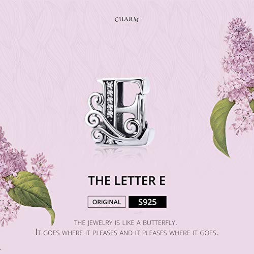 BISAER 925 Sterling Silver Initial Letter A-Z Charms for Bracelets Alphabet Beads Charm Jewelry Gifts - color: Letter E
