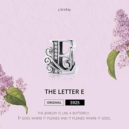 BISAER 925 Sterling Silver Initial Letter A-Z Charms for Bracelets Alphabet Beads Charm Jewelry Gifts - color: Letter E