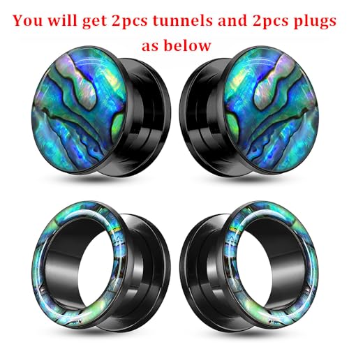 2 Pairs Abalone Pearl Shell Stainless Steel Ear Gauges Plugs and Tunnels, Size 2g - 1 inch Hypoallergenic Surgical Steel Ear Stretcher Expander Body Jewelry - color: BO1651 Black, size: 10 mm (00g)