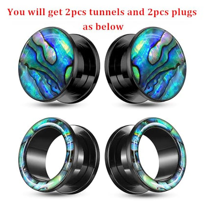 2 Pairs Abalone Pearl Shell Stainless Steel Ear Gauges Plugs and Tunnels, Size 2g - 1 inch Hypoallergenic Surgical Steel Ear Stretcher Expander Body Jewelry - color: BO1651 Black, size: 10 mm (00g)