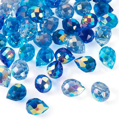 Beadthoven 50pcs Blue Crystal Beads Glass Teardrop Spacers Charms Shiny Crystal Spacers for Jewelry Making Colorful Faceted Suncatcher Beads for DIY Necklace Bracelet Earring Crafts Winter Holiday - color: Blue
