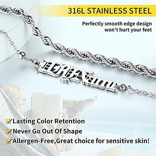 ChainsHouse Double Layer Anklet Bracelet for Women,Adjustable Chain Anklets Stackable Dainty Anklets,Stainless Steel/Gold Plated/Black Ankle Jewelry Gifts - color: A-Silver-Rope Chain