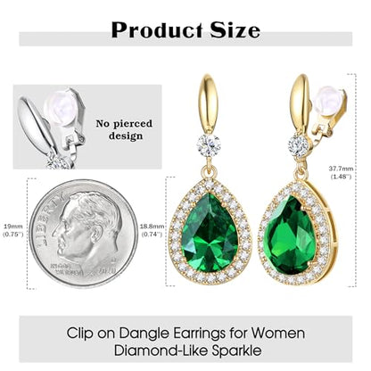 THUNARAZ Clip on Dangle Earrings for Women, Rhinestone Wedding Prom Jewelry | Clip Earrings Non-Pierced, Teardrop Dangle Earrings, Crystal Drop Earrings, Elegant Rhinestone Jewelry for Bride Bridesmaid - color: Gold Tone/Green Stone