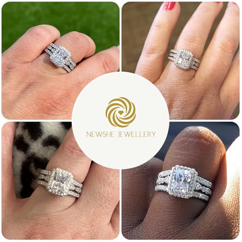 Newshe Jewellery Moissanite Wedding Sets for Women 925 Sterling Silver Engagement Rings Set Radiant Bridal Band Enhancer Size - color: Cubic Zirconia-Silver