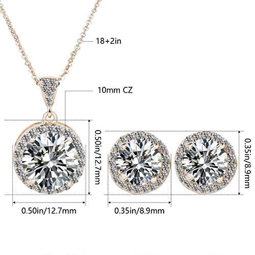 AMYJANE Halo Crystal Jewelry Set - Sterling Silver Round Cubic Zirconia Crystal Bridal Pendant Necklace Earrings Set for Wedding Bride Bridesmaids - color: Clear-Gold