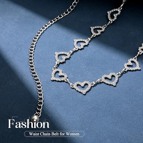 Chain Belt for Women Fashion Metal Waist Chain Belt for Dress Jeans - size: Fit Waist Up to 35'', style: Silver-heart