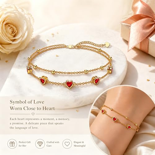 Midari 18K Yellow Gold Gemstone Birthstone Anklet Bracelet Heart Jewelry with 12 Months Birthstone Birthday Gifts for Women Wife Her Daughter Mom - color: 07-Jul-Ruby, size: Bracelet 7"-9"