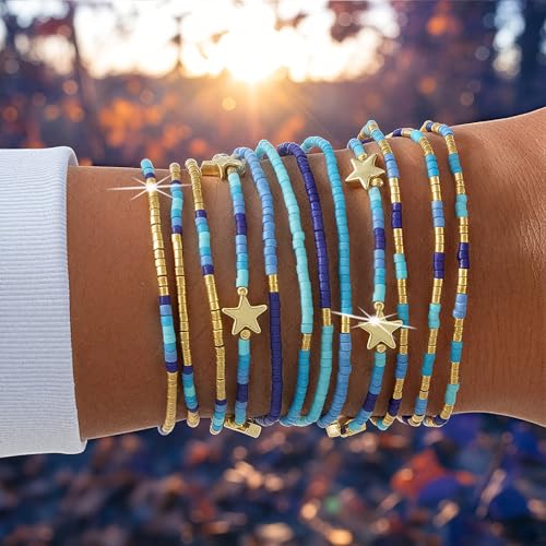 Gold Beaded Bracelets Stack for Women Stocking Stuffers 12PCS Boho Gold Plated Seed Beads Bracelet Stretch Star Stackable Accessories Jewelry Friendship Fall Christmas Gifts for Women - color: Blue