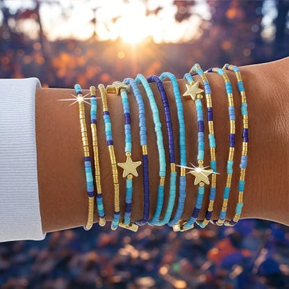 Gold Beaded Bracelets Stack for Women Stocking Stuffers 12PCS Boho Gold Plated Seed Beads Bracelet Stretch Star Stackable Accessories Jewelry Friendship Fall Christmas Gifts for Women - color: Blue