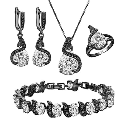 GZWHD Jewelry Set for Women Water Drop Cubic Zirconia Artificial Crystal Earrings Pendant Necklace Open Ring Tennis Bracelet Wedding Anniversary Birthday Engagement Gift for Bridesmaid Wife Girlfriend Friend - color: Black Gun-White