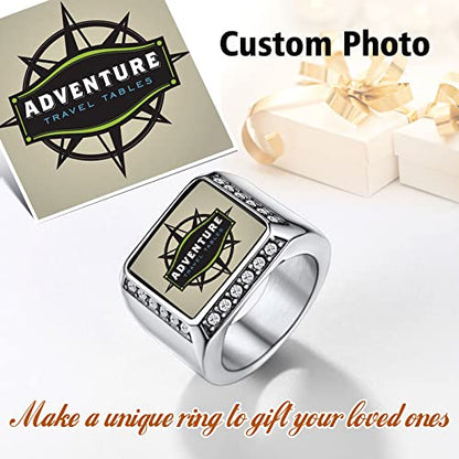 FindChic Customized Signet Photo Rings Square/Heart/Round Chunky Band Ring Stainless Steel/18K Gold Plated/Black Size 7 to 14 Personalized Jewelry for Men Women, Send Gift Box - color: 01. square (stainless steel)
