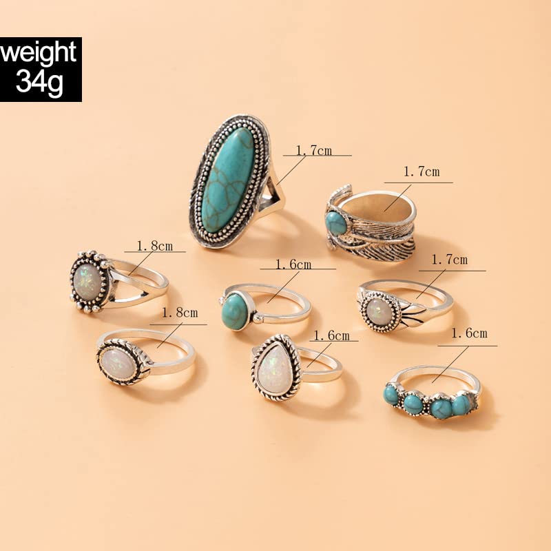 Airvess Vintage Knuckle Rings Set, Chunky Turquoise Stackable Rings, Silver Joint Finger Stacking Rings, Bohemian Western Jewelry for Women - style: 8 Pcs