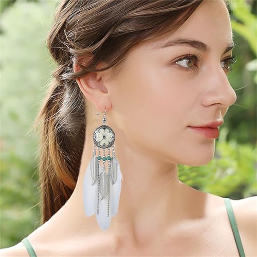 Dreuyet Boho Long Feather Drop Dangle Earrings for Women Retro Bohemian Ethnic Fringe Multicolor Tassel Feather Earring Handmade Statement Dream Catcher Earrings Jewelry - color: White Round Heart