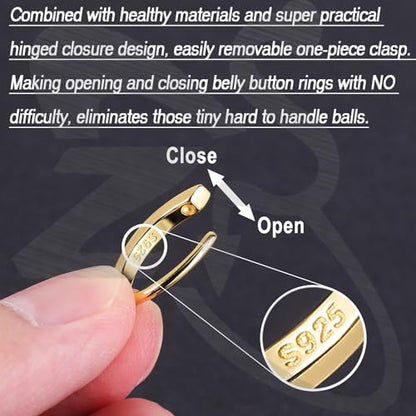 ZS 14G Clicker Belly Button Rings for Women, 925 Sterling Silver Belly Barbell Piercing Gold Reverse Curved Navel Barbell Body Jewelry - color: Gold,Inner diameter:8mm
