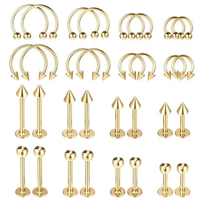 32Pcs Lip Rings for Women 16G Stainless Steel Horseshoe Labret Studs Monroe Lip Barbell Ring Snake Bite Piercing Jewelry Helix Earring Daith Tragus Cartilage Surgical Steel Jewelry - color: Gold