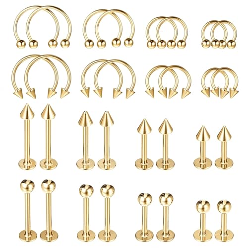 32Pcs Lip Rings for Women 16G Stainless Steel Horseshoe Labret Studs Monroe Lip Barbell Ring Snake Bite Piercing Jewelry Helix Earring Daith Tragus Cartilage Surgical Steel Jewelry - color: Gold