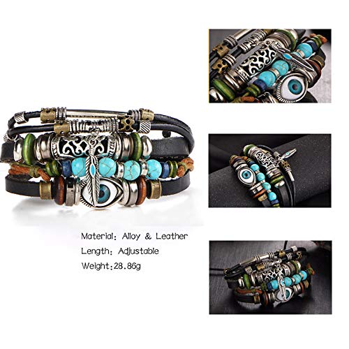 Boho National Stone Feather Multilayer Leather Bracelet Evil Eye Charms Turquoises Beads Bracelets for Men Vintage Punk Wrap Wristband Owl Bird Bracelet