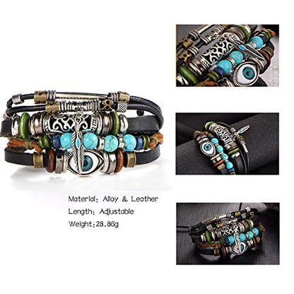 Boho National Stone Feather Multilayer Leather Bracelet Evil Eye Charms Turquoises Beads Bracelets for Men Vintage Punk Wrap Wristband Owl Bird Bracelet