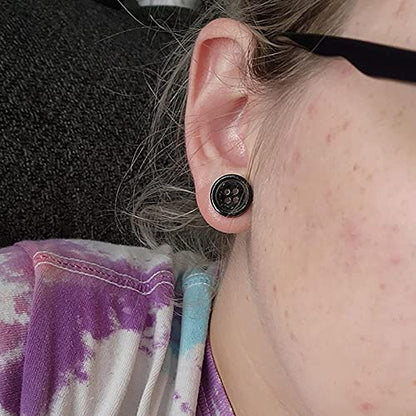 2Pcs Acrylic Plug Gauges for Ears Women Men Black White Button Plug Earrings, Single Flared Saddle Stretching Gauge Tunnels Expanders, Four Hole Button Piercing Plugs with Rubber O-Rings 8G to 1 Inch